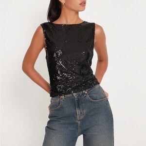 Motel Rocks NWT Hala Crop Vest Top In Black Sequin